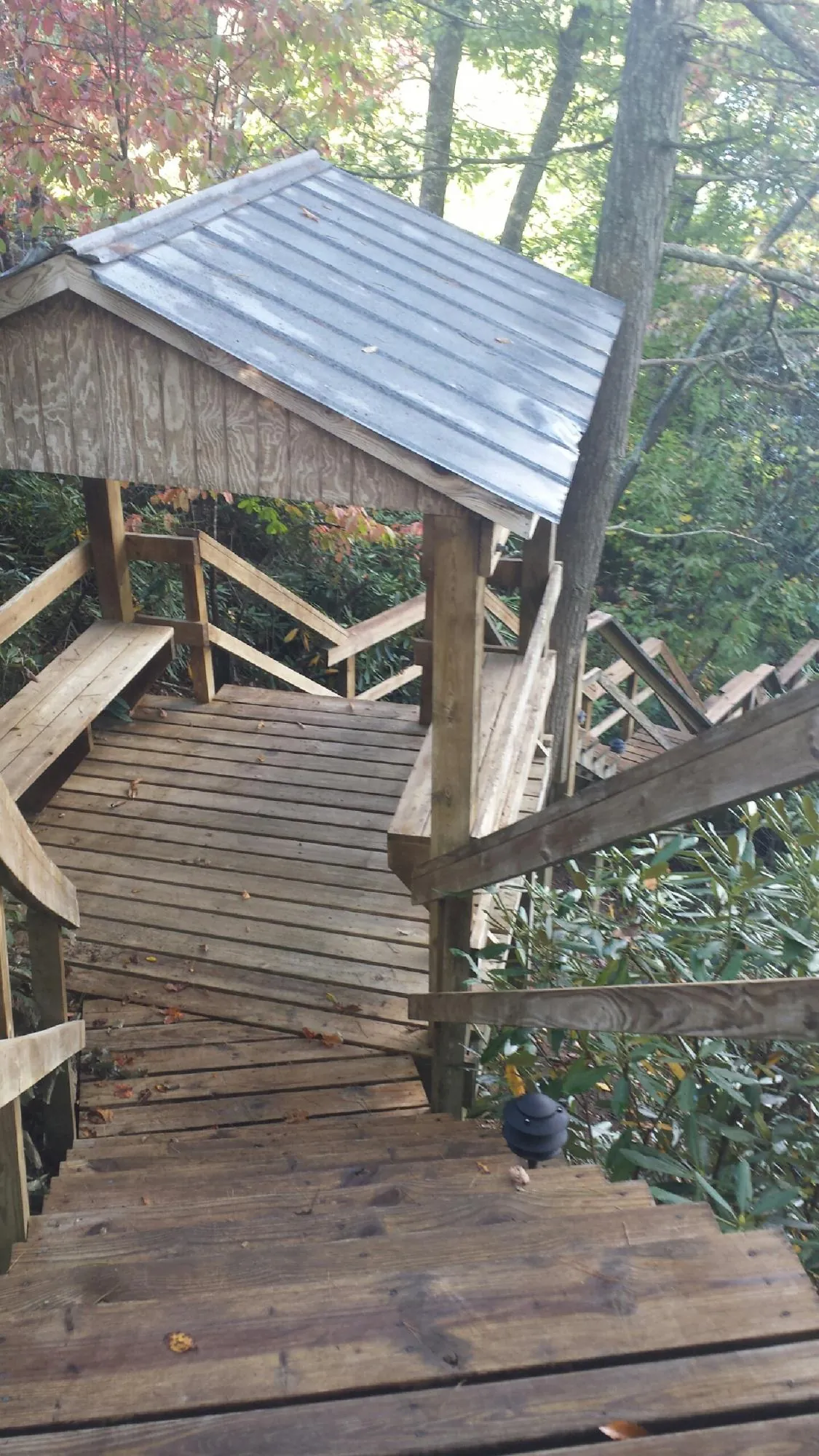 Metal roofed shelter over wooden steps on a wooded walkway — Skylight Repair & Installation work by our crew in Waxhaw